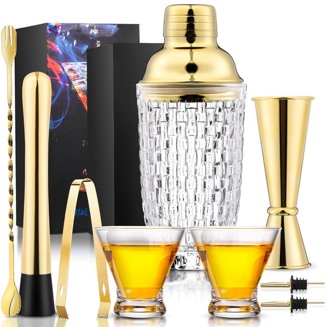 Set de coctelera Pickmesh de 9 piezas, vidrio de 385 ml, dorado