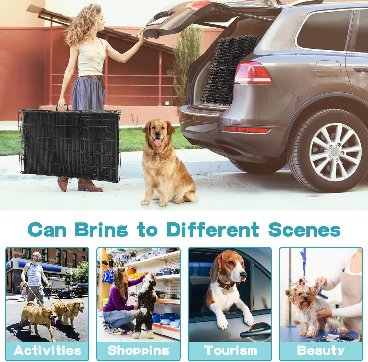 XF XINFENG 24" Heavy-Duty Foldable Metal Dog Crate for Small Dogs - Double-Door Design Dog Cage Kennel w/Divider, Tray & Handle (Black)
