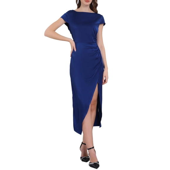 INSPIRE CHIC Vestido de fiesta de satén con cuello barco, mangas cortas, abertura lateral y fruncido para mujer, color azul
