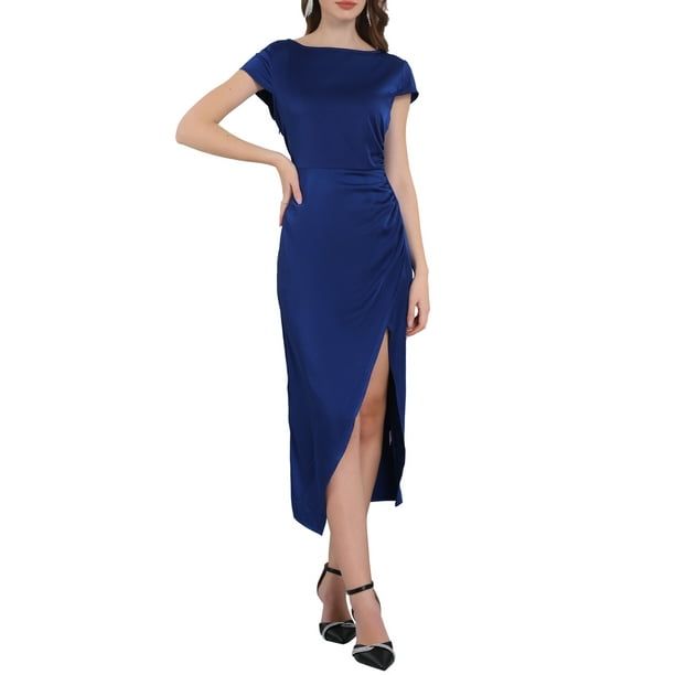 INSPIRE CHIC Vestido de fiesta de satén con cuello barco, mangas cortas, abertura lateral y fruncido para mujer XL azul