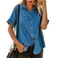 thumbnail image 2 of Spring/Summer Women Relaxed Fit Pure Color Denim Shirt With & Short Sleeves, 2 of 9