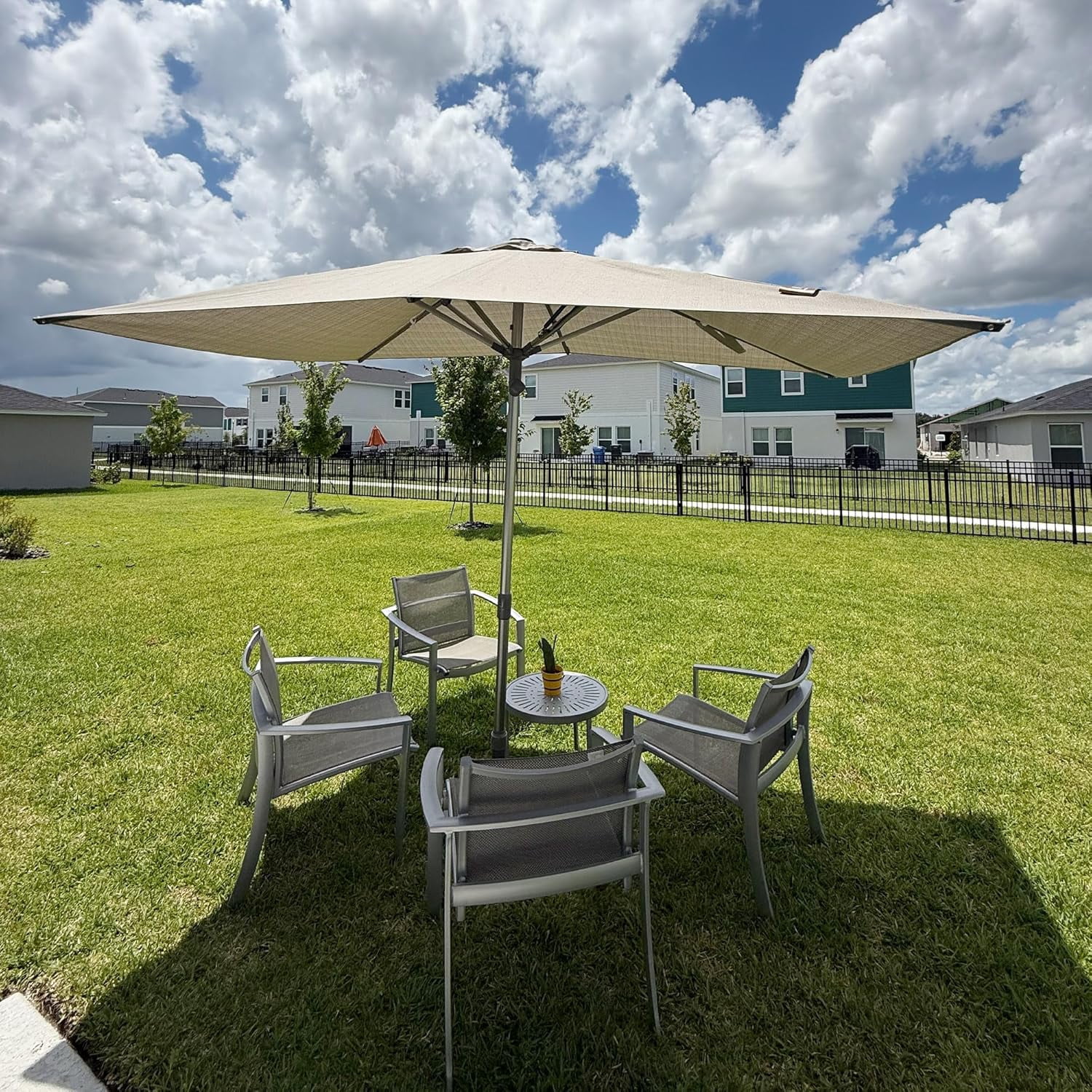 PURPLE LEAF 6 X 10 FT Semi-Auto Outdoor Market Patio Umbrella Sun Umbrellas with 8 Aluminum Sturdy Ribs for Backyard Deck Garden Pool, Gray Pole Beige Canopy