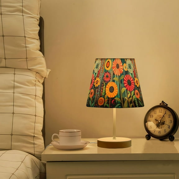 Yayeee Mini Table Lamp 10.8" Dimmable with Fabric Shade 3 Color Temperatures, Orange Colorful Flowers