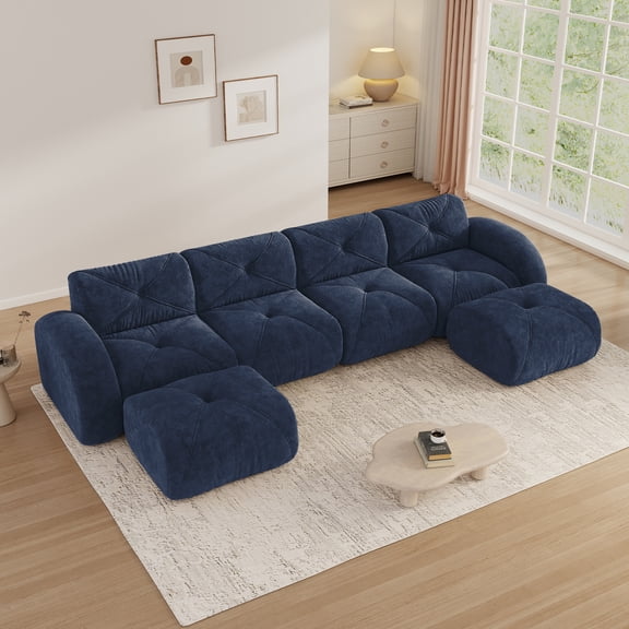 Aukfa Velvet Tufted Modular Sectional Sofa, 6-Piece 141" Wide U-Shaped Bonless Couch with 2 Ottomans, Blue