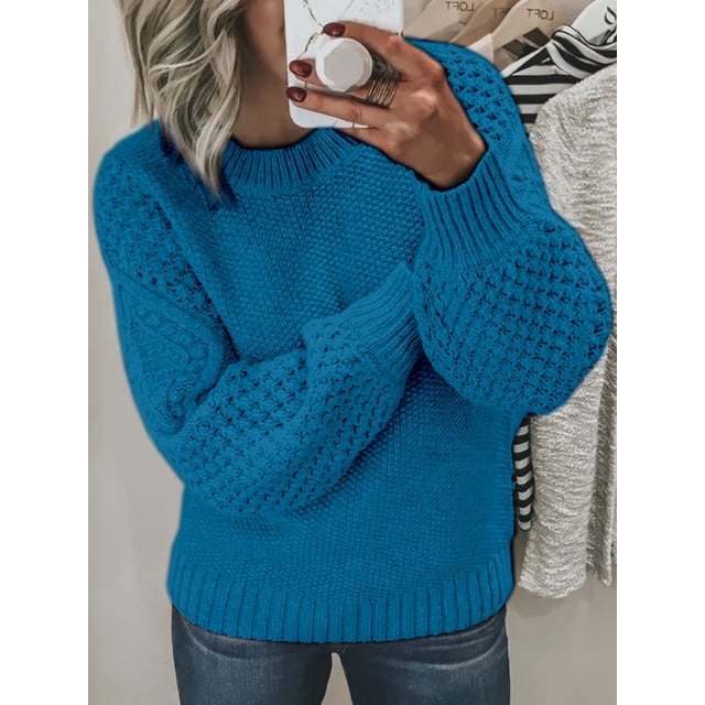 Chandail à Col Rond pour Femmes - Chandail à Manches Longues en Tricot Doux Couleur Unie