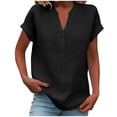 thumbnail image 2 of ClodeEU Women's Linen Blend V Neck Short Sleeve Top ,Loose Fit Casual Button Blouse Black,Womens Plus L, 2 of 6
