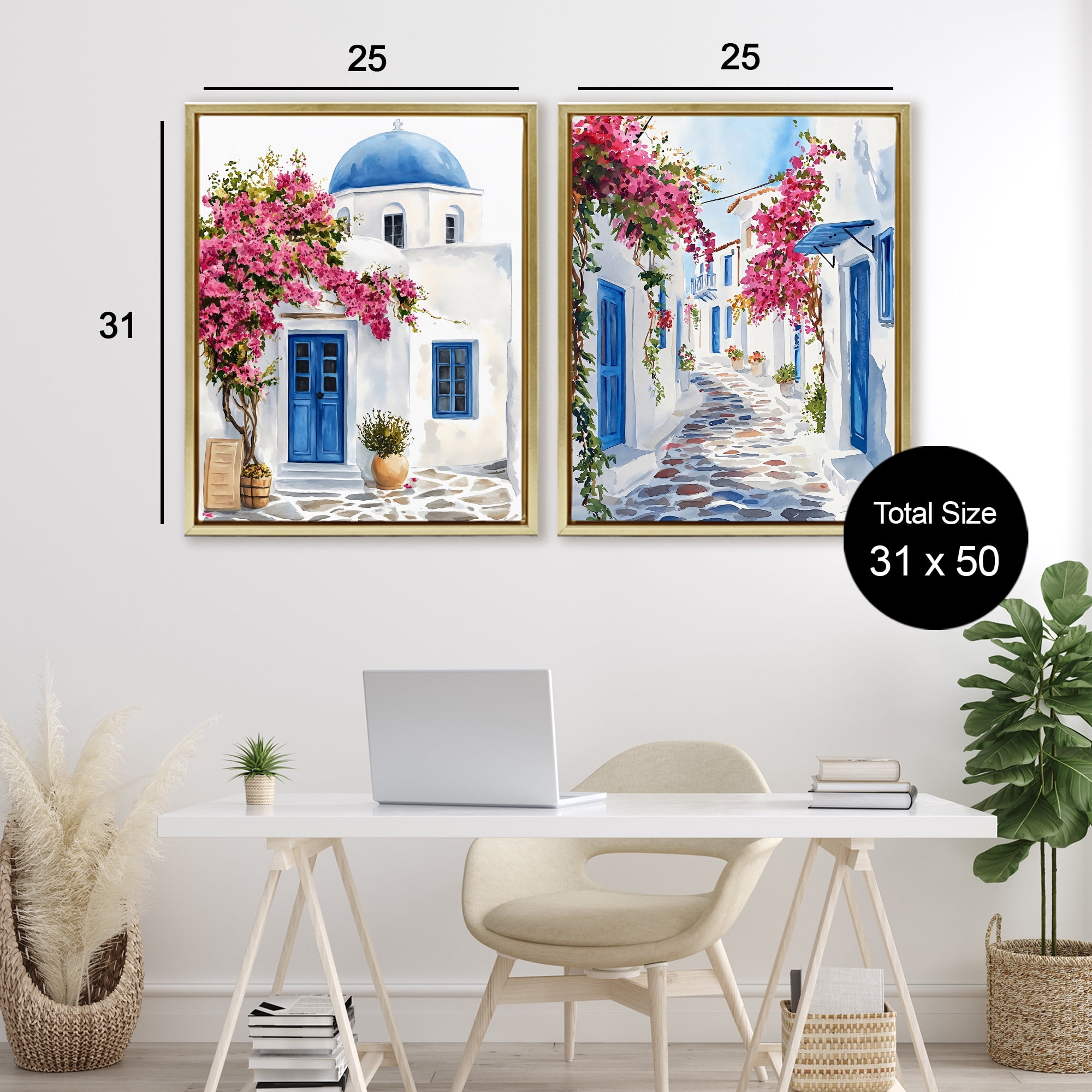 Stupell Industries Santorini House with Pink Tree 2 Piece Gold Framed Floater Canvas Set, design by LSR Design Studio