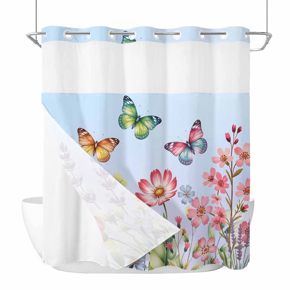 No Hook Shower Curtains with Snap-in Liner Set, Blue Pink Flowers Waterproof Hotel Style Bathroom Shower Curtain, Spring Floral Butterfly Elegant Pastoral Breathable Mesh Top Bath Curtains 66''x72''