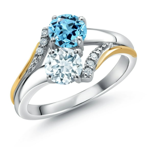 10K Yellow Gold and 925 Silver Sky Blue Aquamarine and Swiss Blue Topaz and White Lab Grown Diamond Accent Engagement Ring for Women (1.18 Cttw, Gemstone March Birthstone, Round 5MM, Size 9)