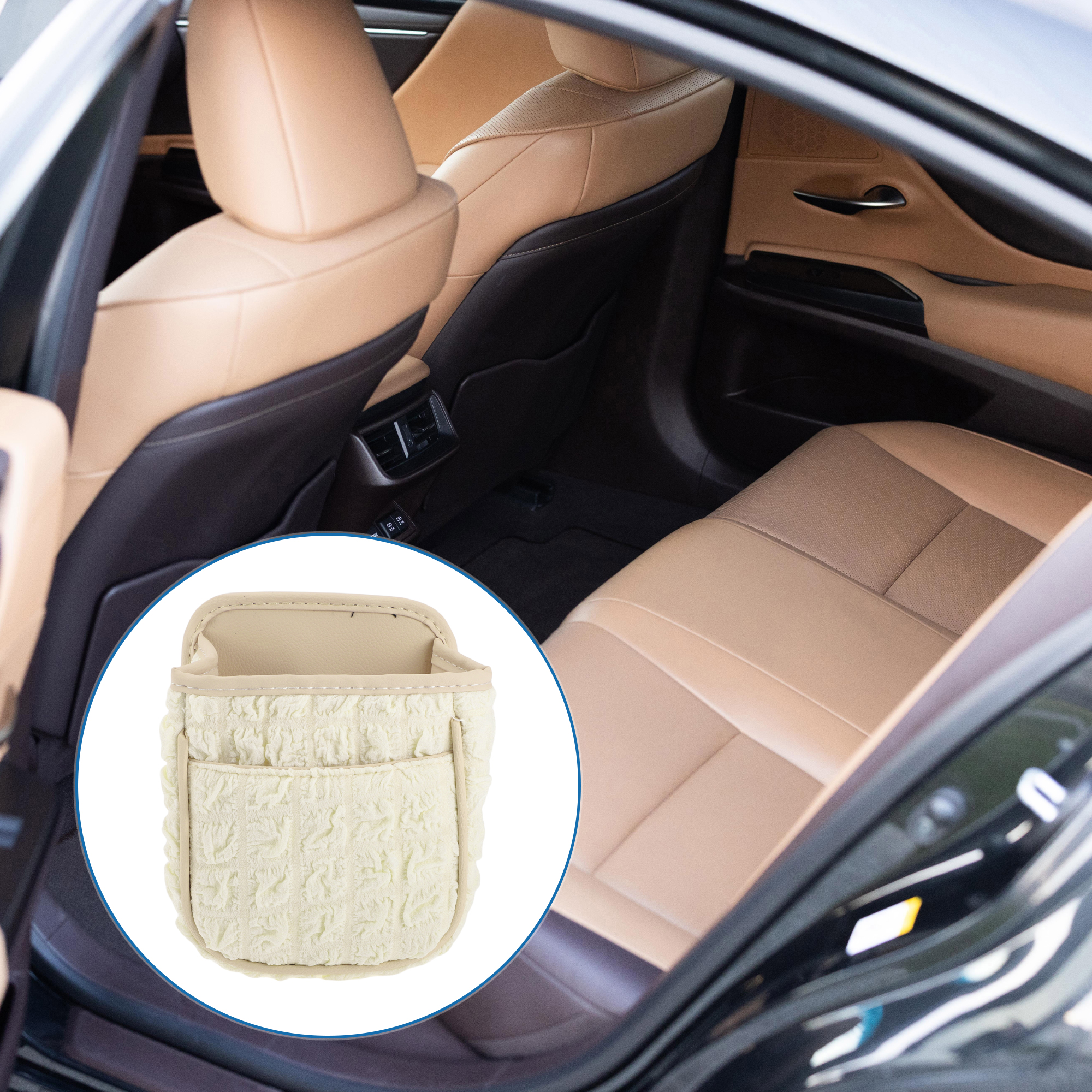 Unique Bargains Car Trash Can Hanging 6.3x3.9x7.1in Bin Fabric 1 Pcs Beige White