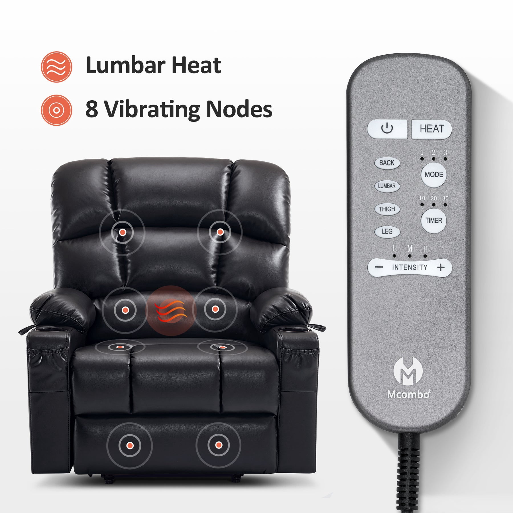 MCombo Large-Wide Lay Flat Dual Motor Power Lift Recliner Chair Sofa with Massage and Heat for Big Elderly People, Infinite Position, Faux Leather R7688 (Black, Large-Wide)
