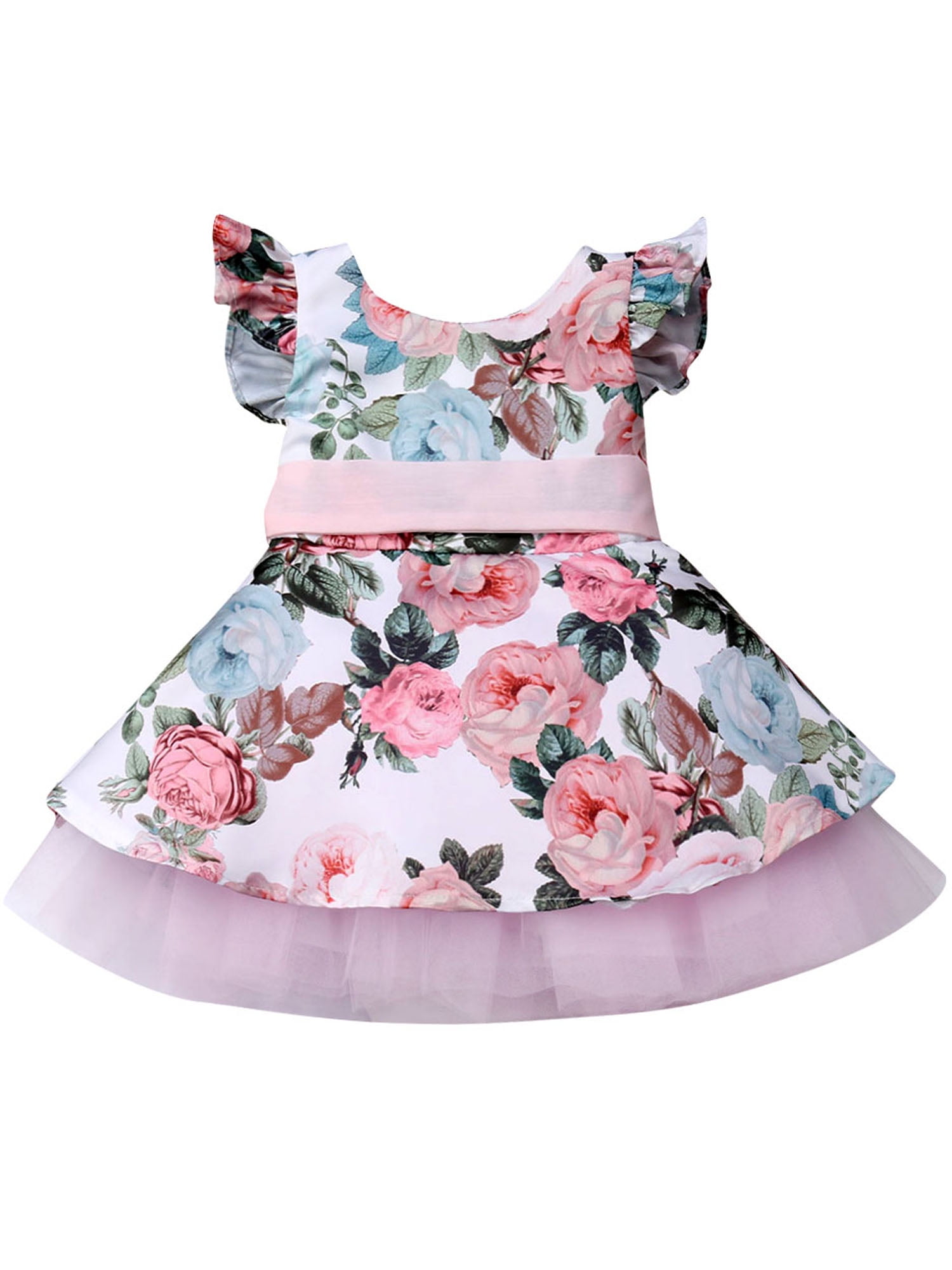 Baby Kids Girls Fashion Fly Sleeve Bow Flower Lace Party Dress Princess Dresses 