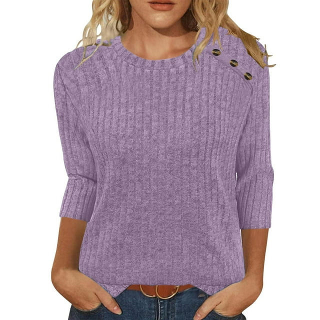 Chandails d'Automne Grande Taille pour Femmes Automne et Hiver Couleur Unie Col Rond Bas Rayé Ample Décontracté Manches Trois-Quarts