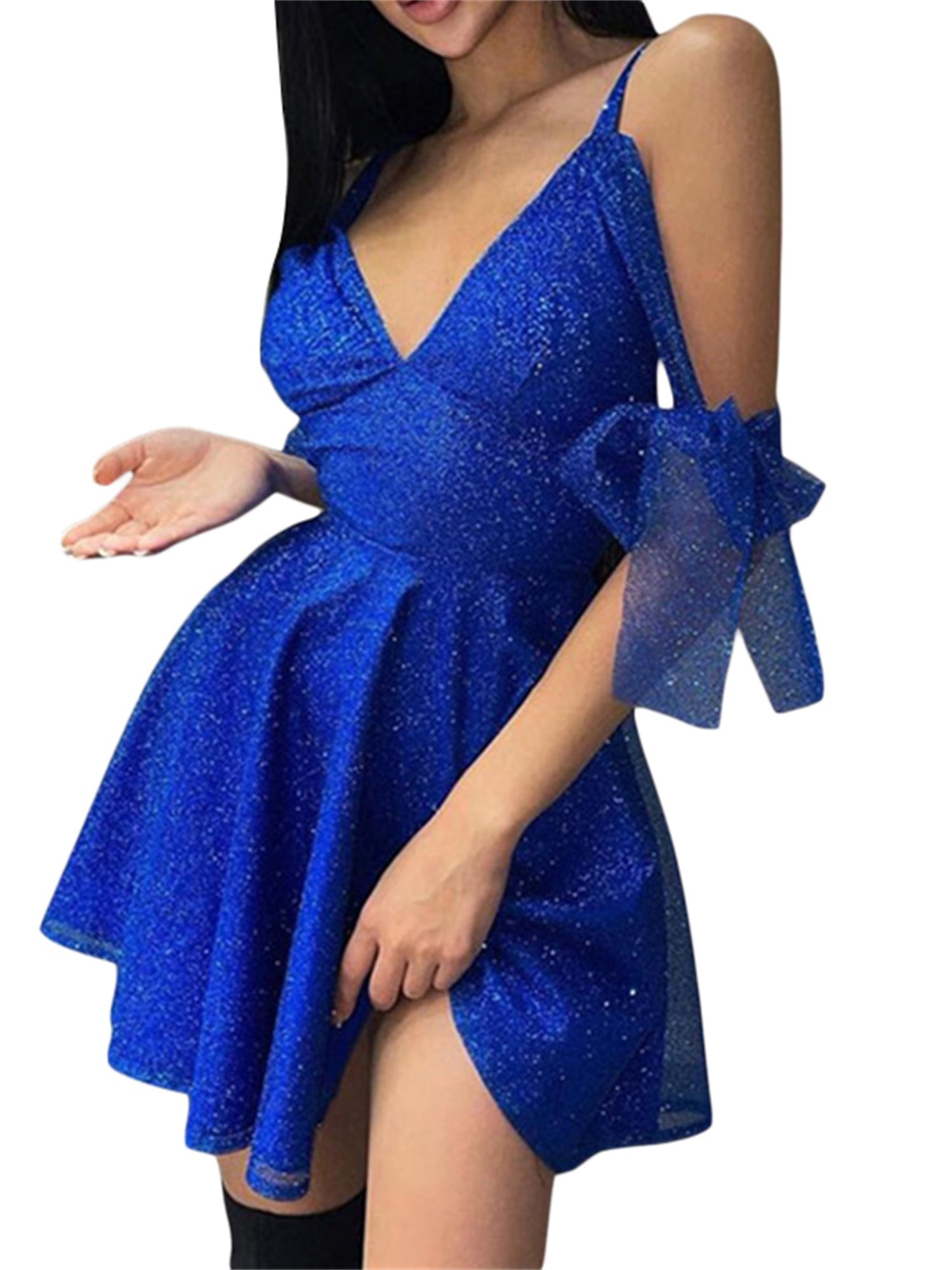 Centuryx Summer Party Elegant Dress Women Off Shoulder Short Sleeve V Neck Sequin A Line Dress Club Sexy Dresses Blue L Walmart Com