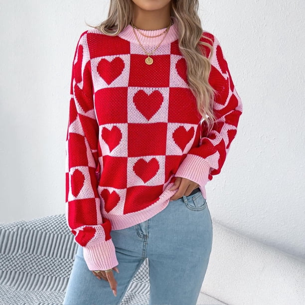 Suéter de cuello redondo para mujer, jersey de cuello redondo con cuadros contrastantes y forma de corazón, suéter de moda para mujer, top acrílico