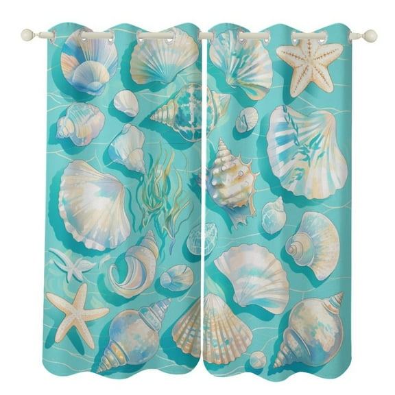 Beach Seashell Starfish Blackout Curtains, Watercolor Pattern Window Treatment Grommet Curtains for Bedroom Thermal Insulated Window Curtains for Living Room 2 Panel Set