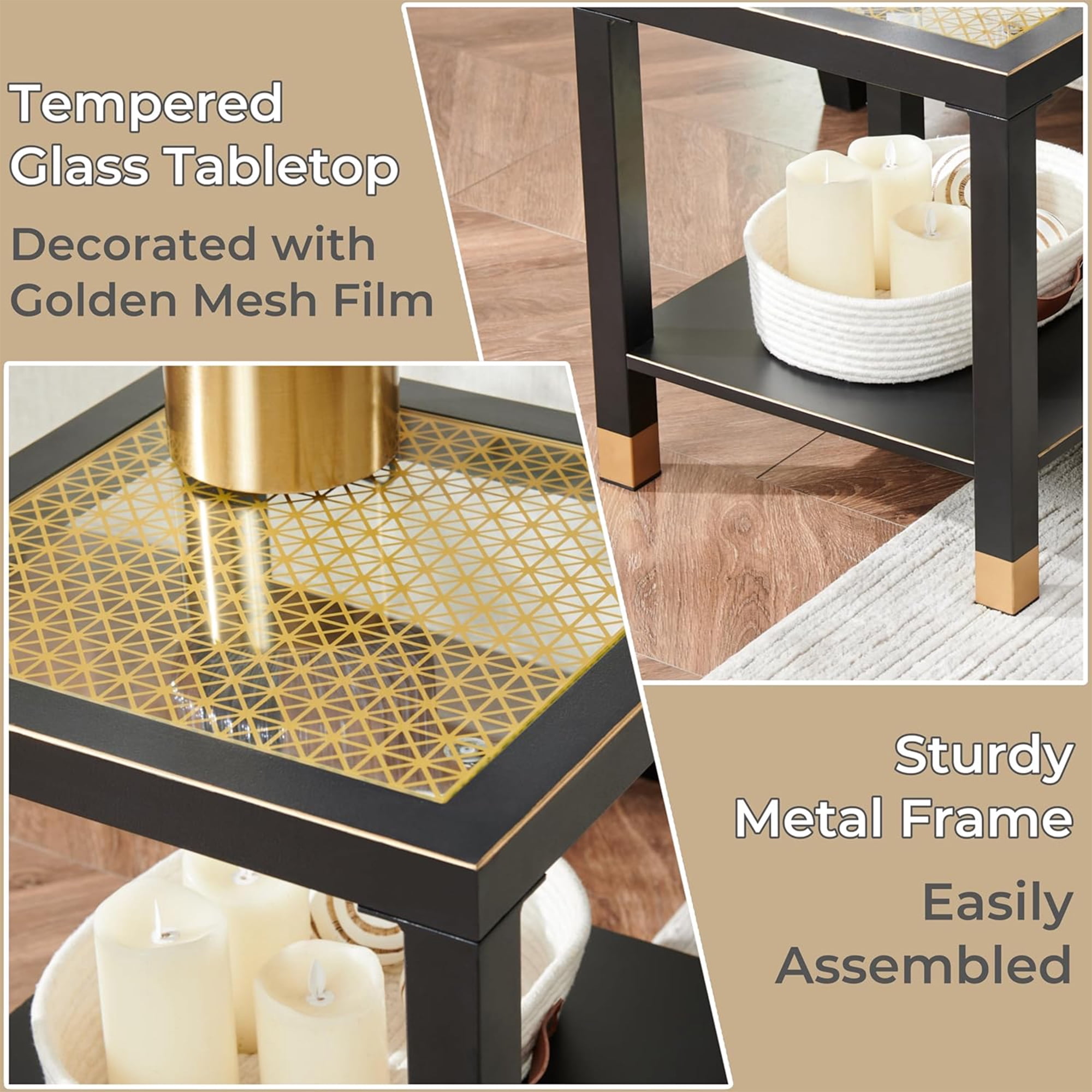 2-Tier Square Tempered Glass End Table with Golden Mesh & Metal Frame, Boho Side Nightstand for Bedroom Living Room Office