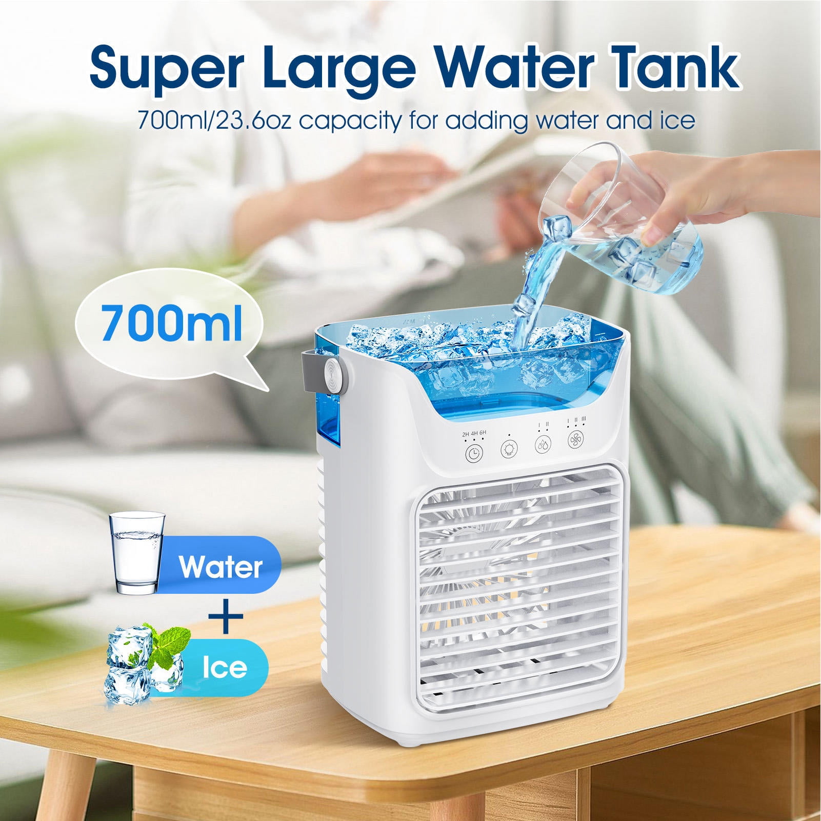 YAHHU 700 ml Portable Air Cooler & Humidifier – 3‑Speed Fan, 2‑Cold Fog, 3‑Timer, Touch‑Screen, 4‑in‑1 Desktop Mini AC, Night Light