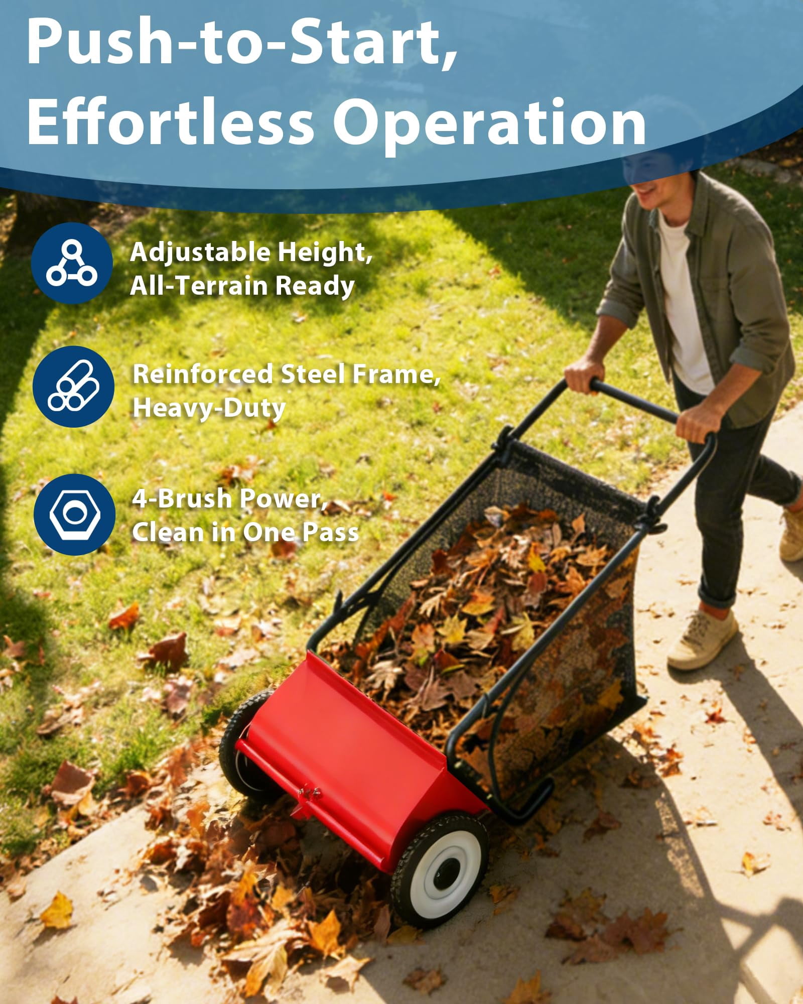 Danolapsi 26-Inch Push Lawn Sweeper, 7 Cu. Ft. Hopper Capacity Leaf & Grass Collector with 4 Spinning Brushes, Adjustable Height, for Grass Clippings, Leaves & Debris