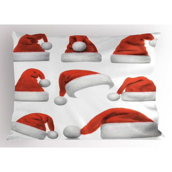 Christmas Pillow Sham Set of Classical Santa Claus Hats Xmas New Year Celebration Tradition Party Theme, Decorative Standard King Size Printed Pillowcase, 36 X 20 Inches, Red White, by Ambesonne