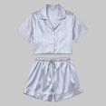 thumbnail image 2 of MEZZALL Striped Satin Pajama Set for Women Lapel Collar Short Sleeve Button Up Tops Drawstring Waist Shorts Elegant Home 2 Piece Sleepwear, 2 of 4