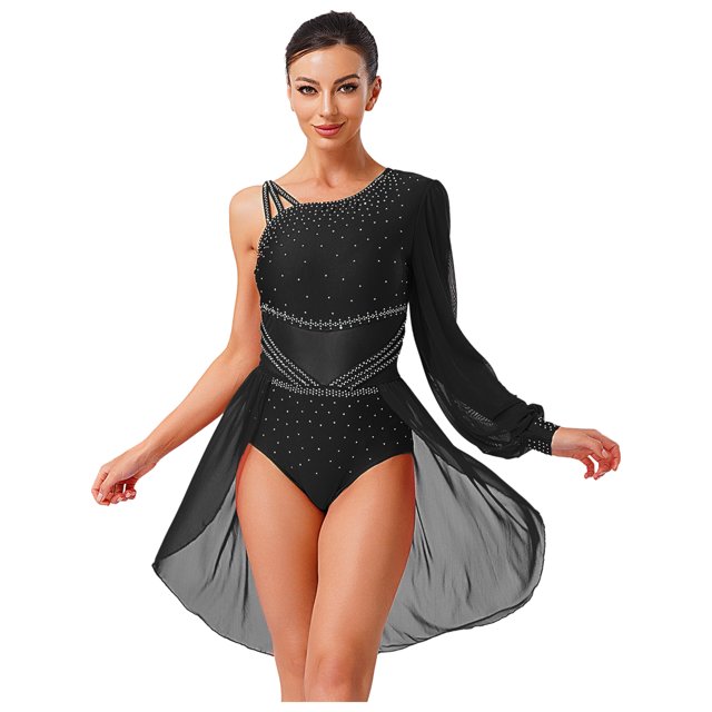 Ocealan Robe de Danse Lyrique pour Femmes Costume de Ballet Moderne Contemporain Jupe Justaucorps Fluide à Épaules Asymétriques Noir m