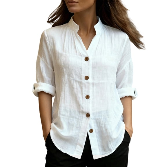 cocolona Linen Button Down Solid Color Blouses for Women Collar Long Sleeve Shirts Dressy Casual Tops
