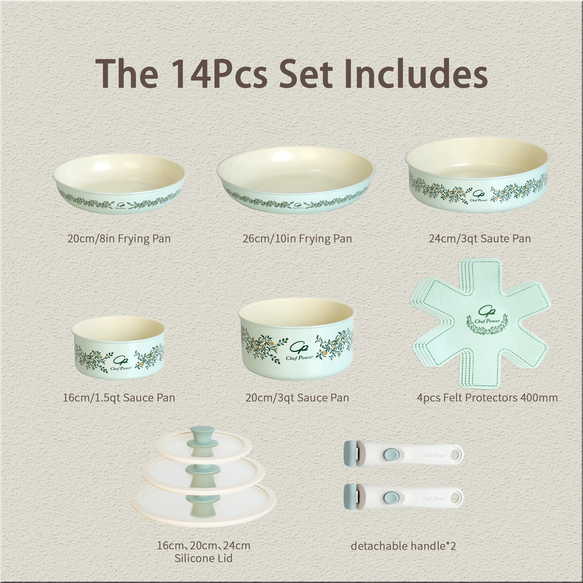 Chef Power 14pcs Nonstick Ceramic Cookware Set, Aquamarine Olive Branch Decals