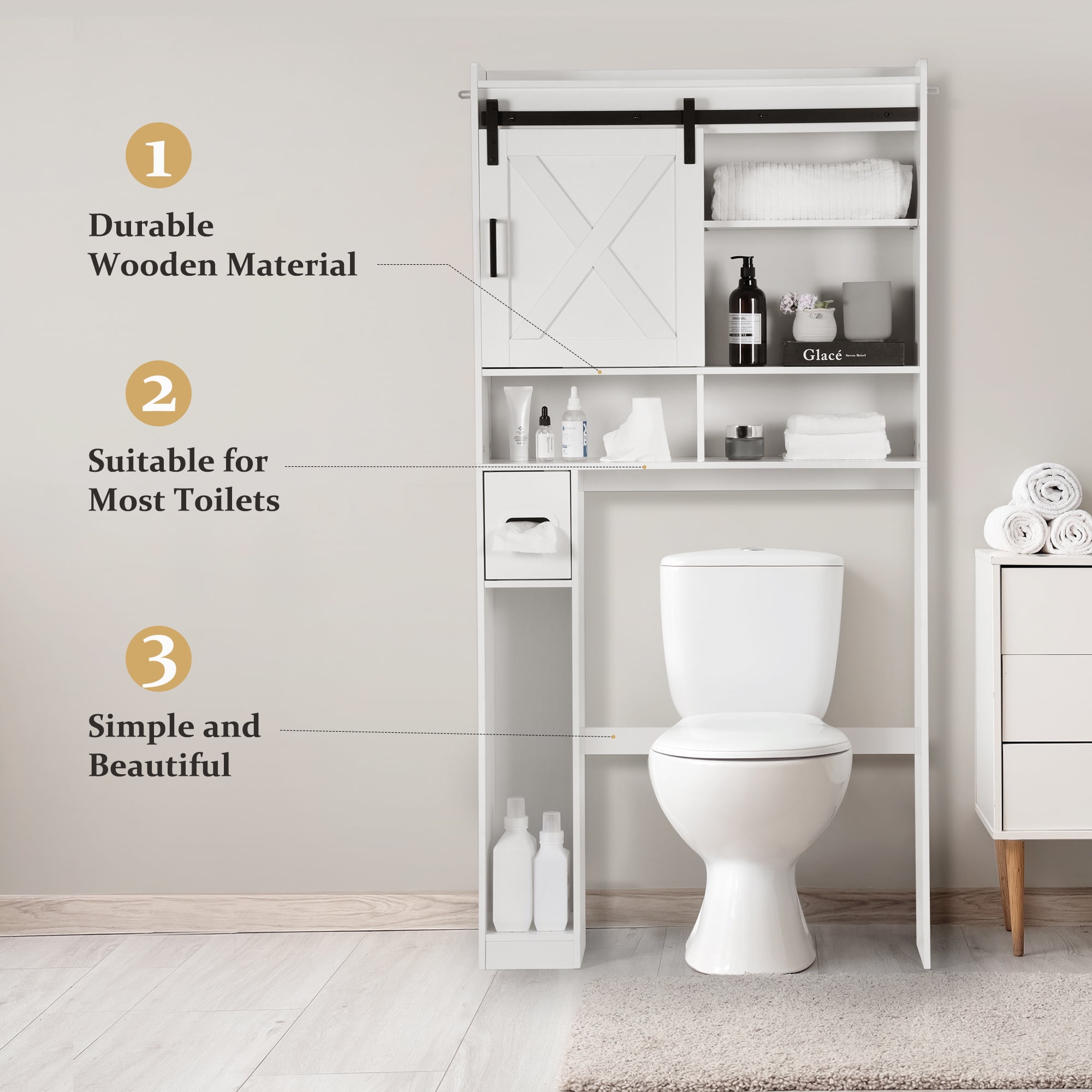 Evmore Over the Toilet Storage Cabinet, Freestanding Bathroom Organizer with Adjustable Shelves, Waterproof, 65" H x 32" D x 7.7" W, White