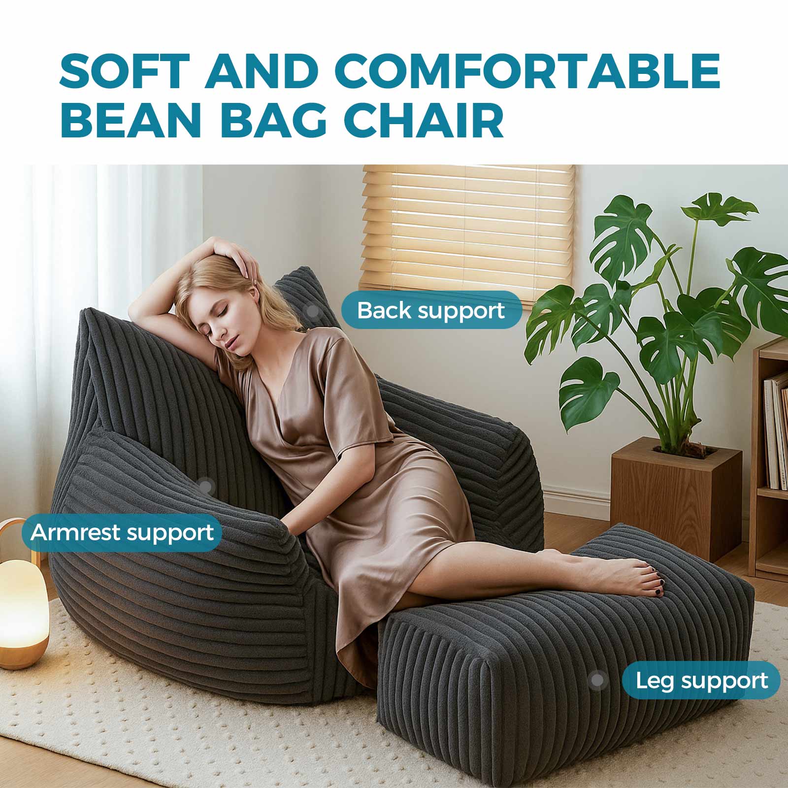 Bean Bag Chair with Ottoman,Big Bean Bag Chairs for Adults with Filling,Lazy Floor Chair with Back Support,Memory Foam Sofa Giant Beanbag Chair for Bedroom Livingroom