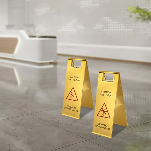 2Pcs Stainless Steel Wet Floor Sign Caution Wet Floor Sign Safety Warning Sign