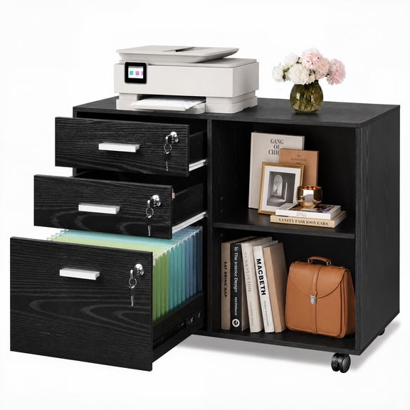 GALAXHERO 3 Drawer File Cabinet with Lock and Key, Mobile Lateral Office Cabinet, Printer Stand with Open Shelves for Home Office, Black