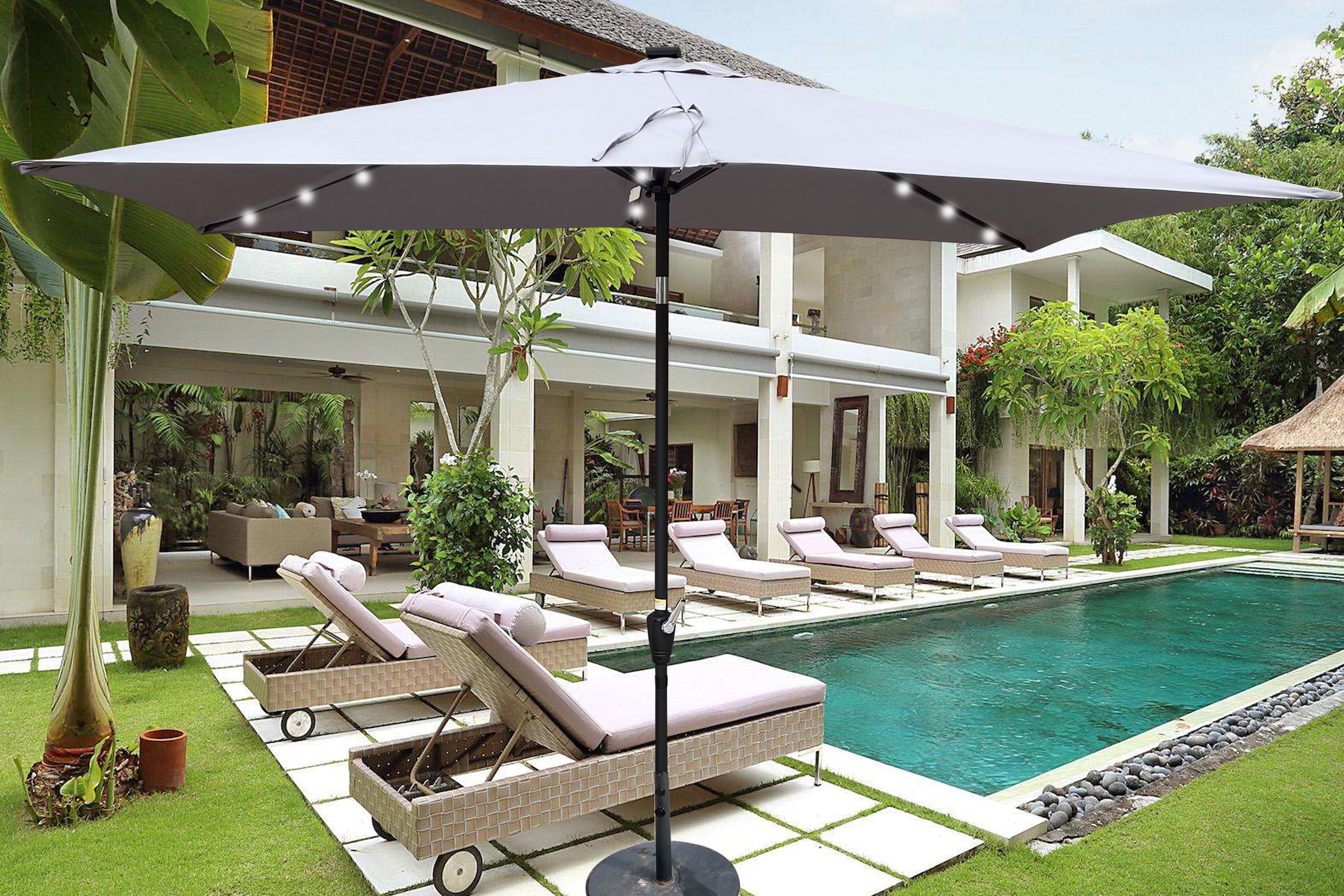Royard Oaktree 10FT Patio Offset Umbrella w/Solar LED Lights Rectangular Outdoor Cantilever Hanging Umbrella w/Crank UV Protection Sun Shade for Market Garden Lawn Backyard Poolside,Light Grey