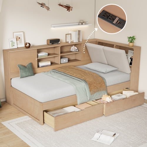 Twin Wooden Daybed with Storage Bookcase and Drawers, Corner Twin Bed Frame with USB & Upholstered Headboard, Daybeds for Teens Adults, Natural