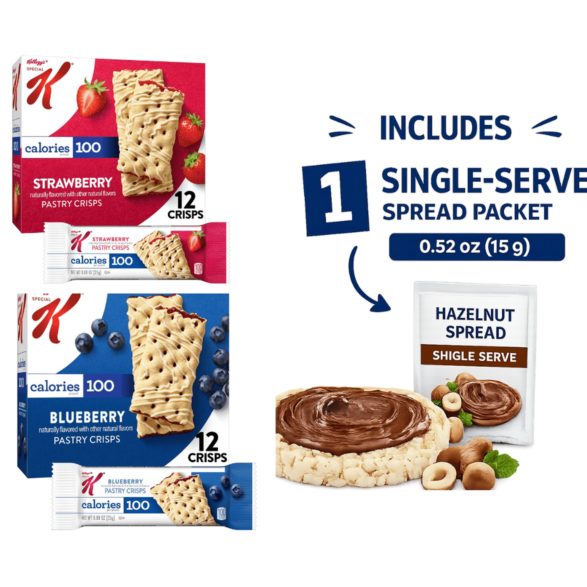 Special K Pastry Crisps SimplyComplete Variety Pack of 2, 100 Low Calorie Snack, Toaster Breakfast Bars Strawberry, Blueberry, with single serve Hazelnut 0.52 oz