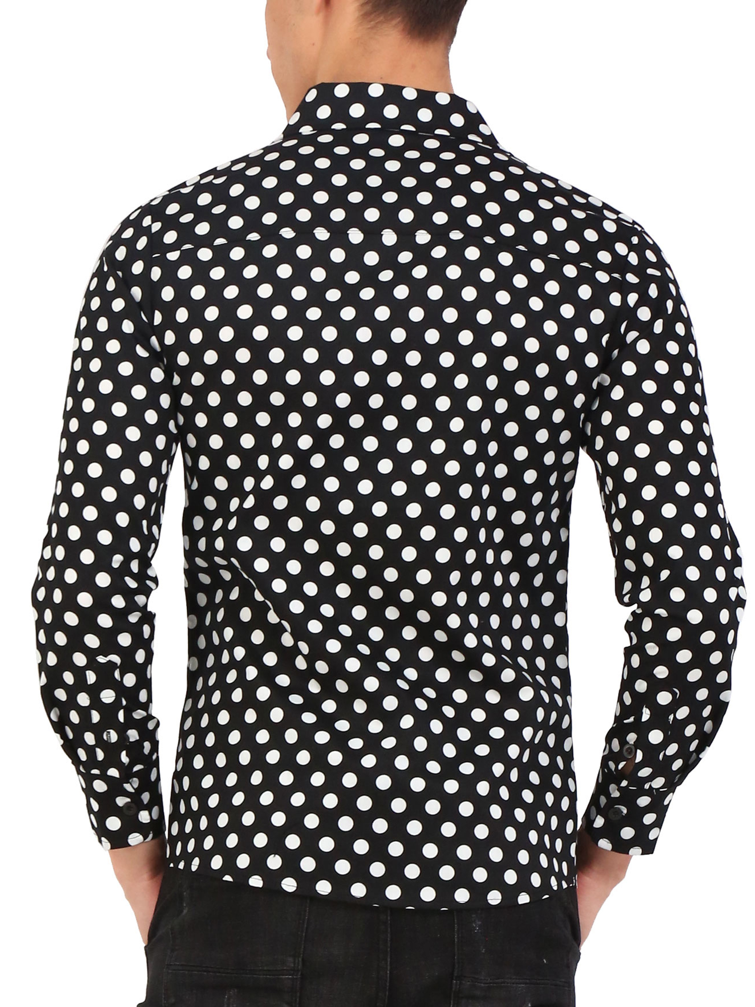 Unique Bargains Men's Long Sleeve Button Slim Polka Dots Shirt 38 Black