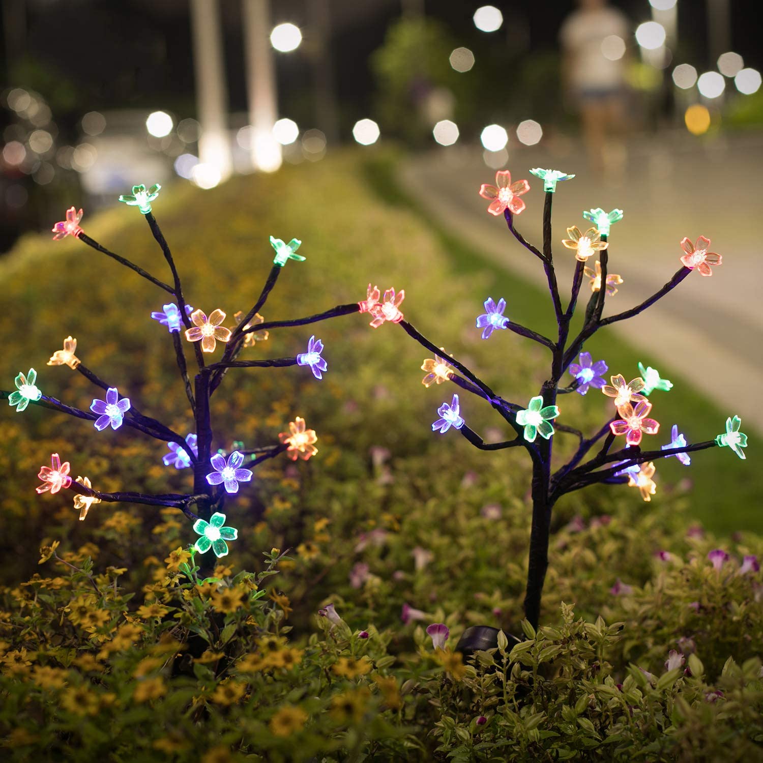 Solar Flower Lights with 20 Cherry Blossom,Outdoor Solar Lights, 2 Pack Solar Fairy Lights Waterproof Multi-Color Solar Powered Garden Lights, Bigger Solar Panel for Pathway Patio Yard Christmas Decor - image 1 of 8