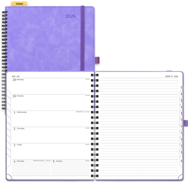 POPRUN 2026 Weekly Planner Notebook (Jan-Dec), Large Size 8.5'' x 10.5'' - Agenda 2026 Appointment Book with Spiral Soft Cover, Plastic Ruler, Inner Pocket, 100 GSM - Lilac