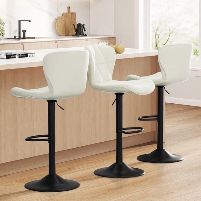 Hawsaiy Modern Bar Stools Set of 3, Adjustable Faux Leather Upholstered Swivel Bar Stools, Counter Height Bar Chairs with Back for Kitchen Island, White