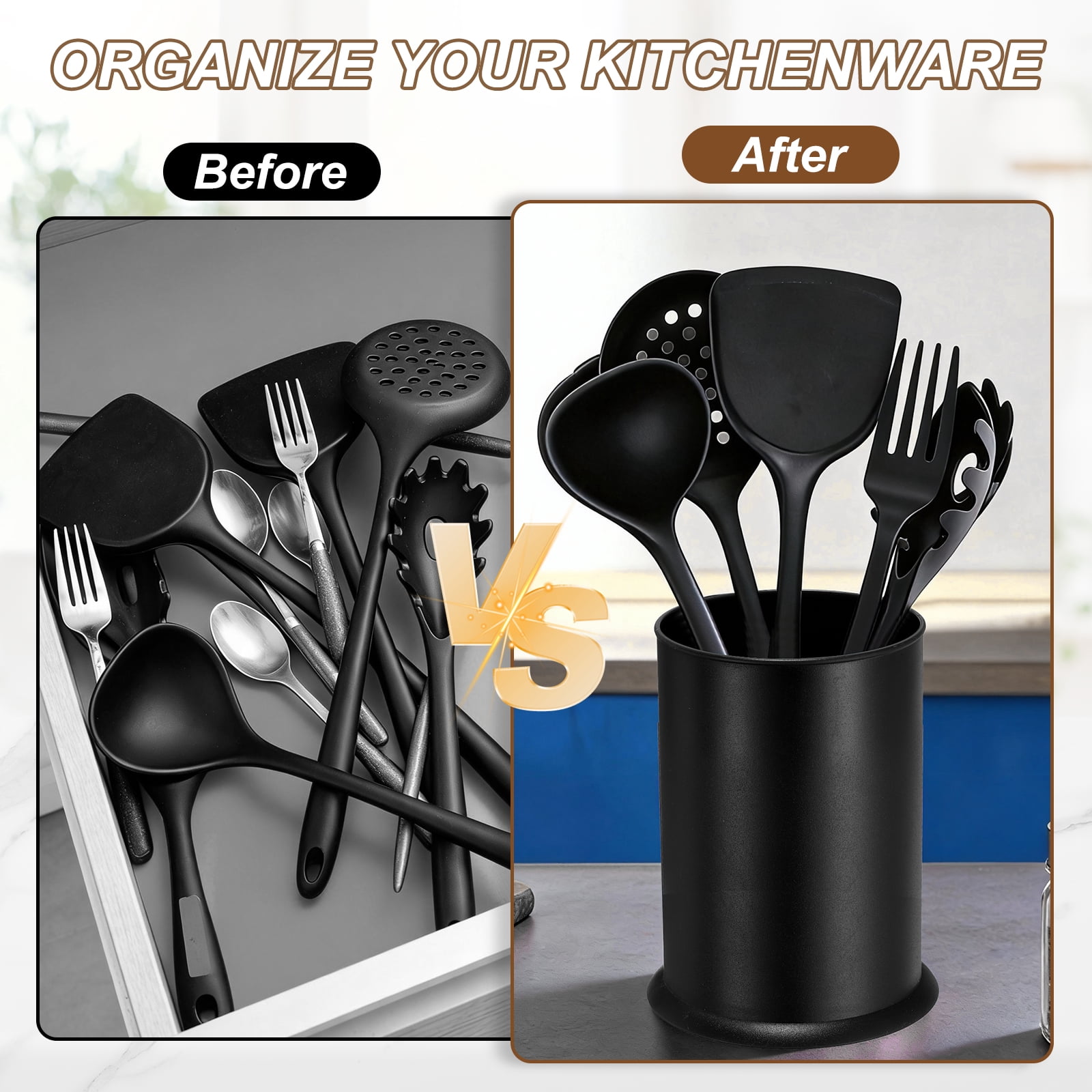 Uxcell Kitchen Utensil Holder, 5x6.5" Plastic Utensil Cutlery Holder Round Flatware Organizer with Drain Hole for Kitchen Restaurant Countertop Straw, Spoon, Chopstick, Black