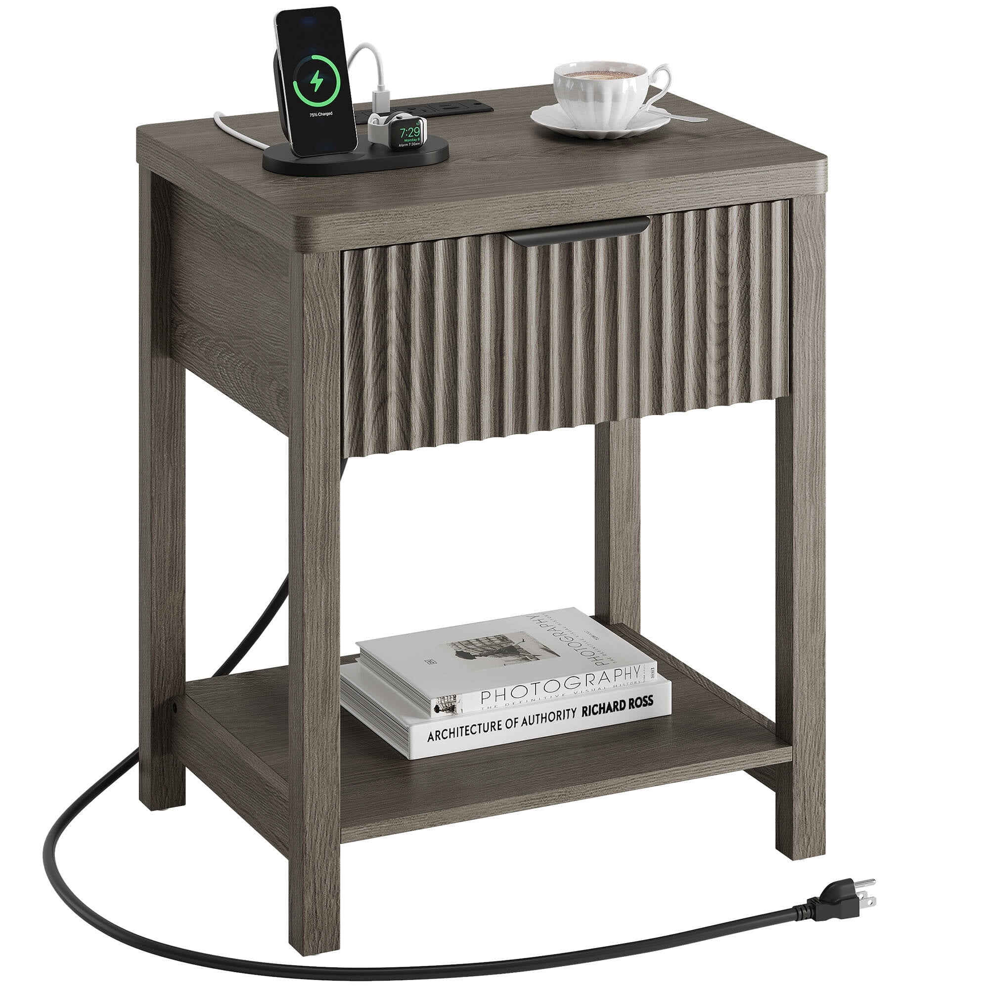Laintene Fluted Nightstand with Charging Station - Modern Bedside Table with Drawer & Open Shelf, 2 AC Outlets + USB &Type-C for Bedroom & Living Room, Dark Grey Oak