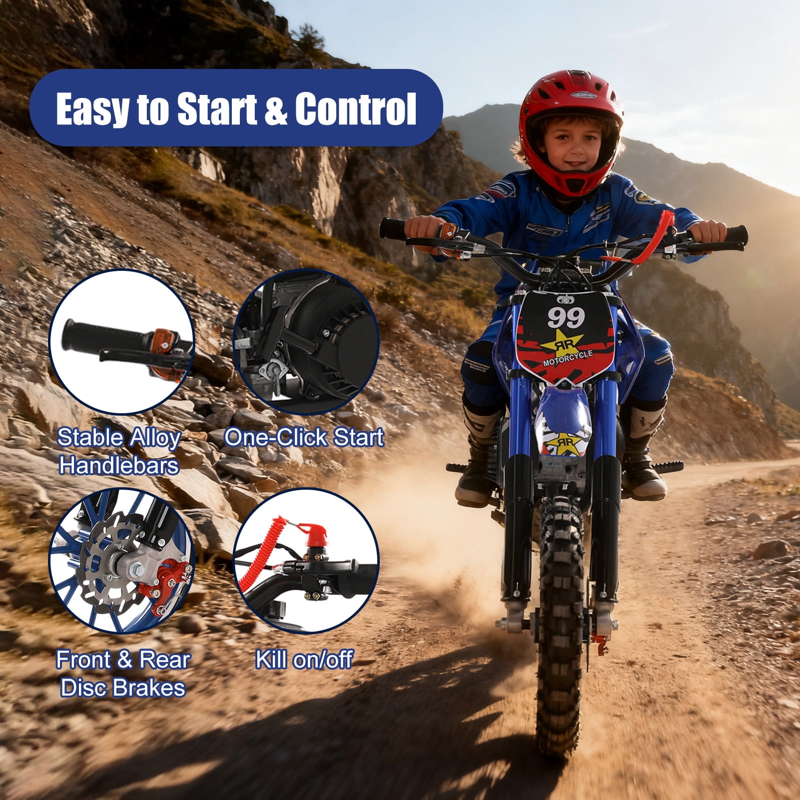 49cc 2-Stroke Kids Dirt Bike - 40KM/H Gas Powered Off-Road Motorcycle with Front/Rear Disc Brakes (Red)