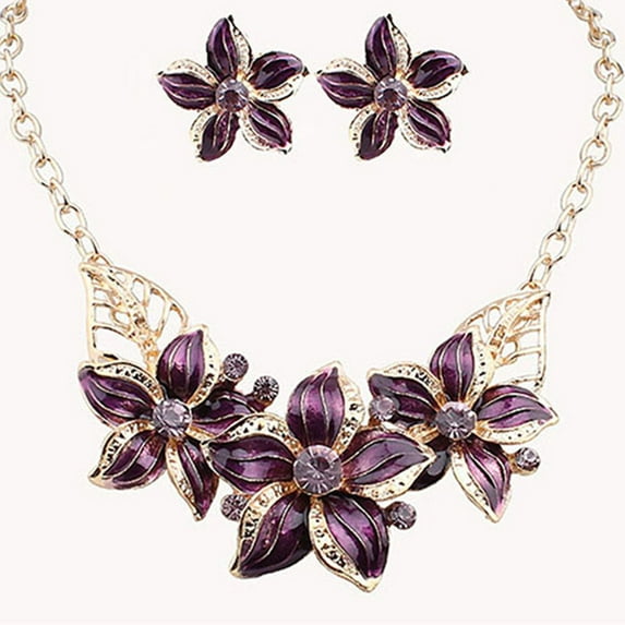 Ayyufe Fashion Women Rhinestone Flower Statement Pendant Necklace Earrings Set