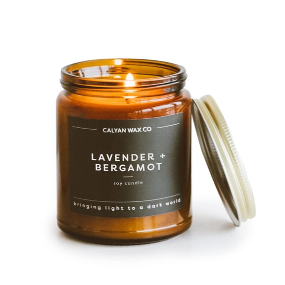 Calyan Wax Co. Lavender & Bergamot Scented Candle - 57 Hour Burn - Luxury Clean Soy Wax Candles - Long Lasting Amber Glass Jar Candle for Home - 7.2oz