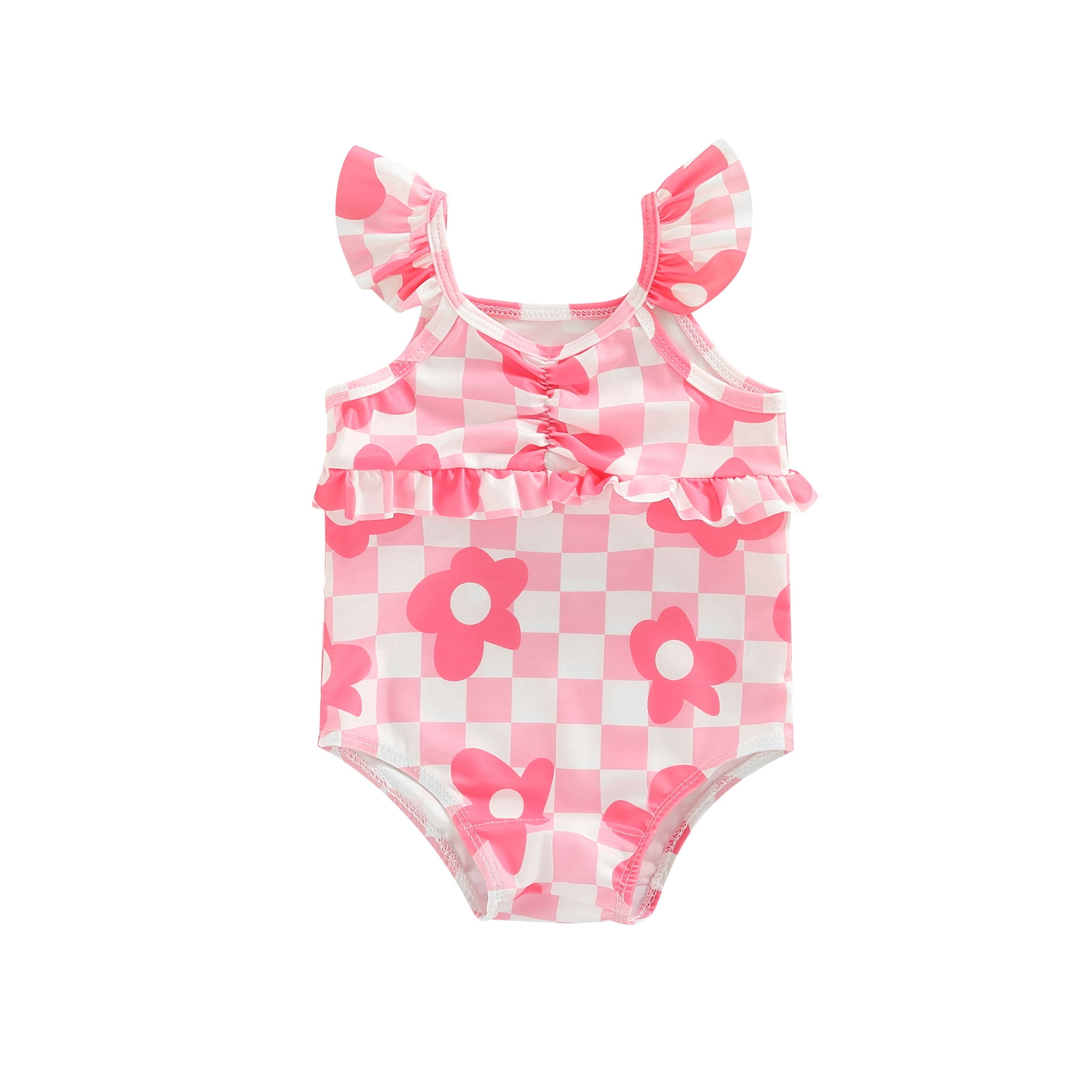 aturustex Girl Swimsuit 2 Pcs Outfit Kid Baby Print / Plaid Pattern Bathing  Suit Fly Sleeve Tops Matching Shorts (9 Month-4 Years) 