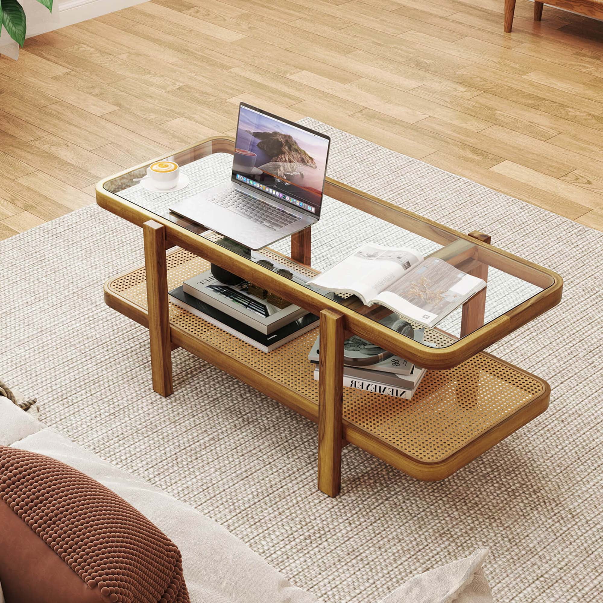 Costway 2-Tier Rustic Coffee Table with Storage Tempered Glass Tabletop PE Rattan Shelf