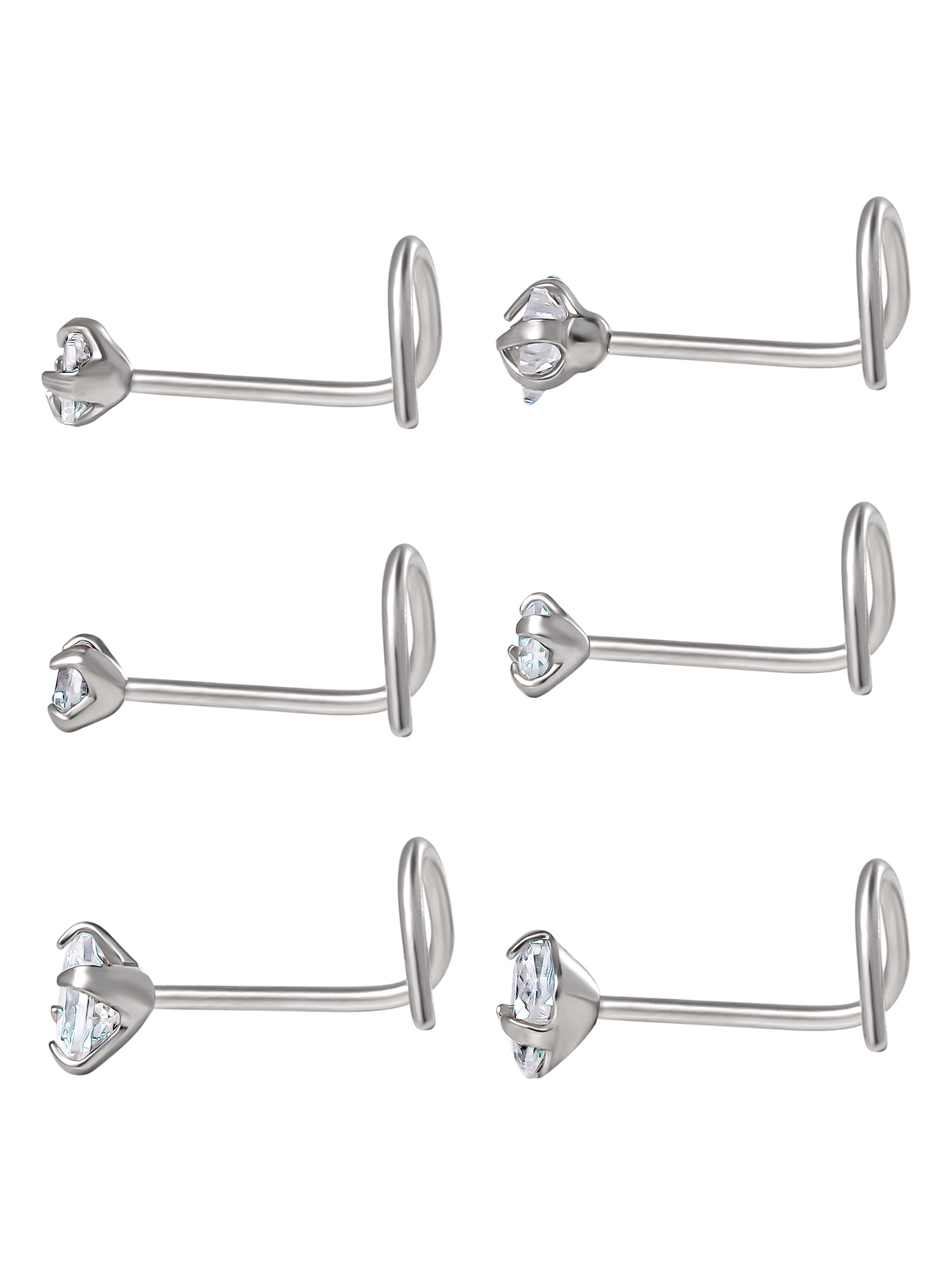 Body Jewelry Women's Adult 22G Stainless-Steel Multi Shape Crystal Nose Ring, 6 Pack