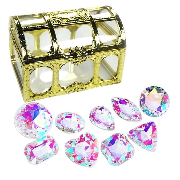 TACILIP 10PCS Kids Gemstones Toys Set Crystal Jewelry Kit with Golden Treasure Chest 9 Unique Shaped Colorful Glass Gemstones Pool Diving Treasure Hunts Pool Toys, Birthday Gifts