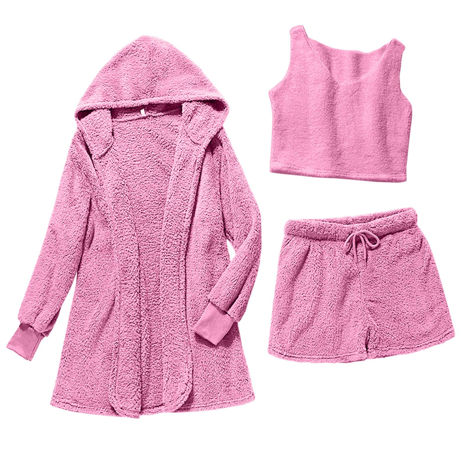 LELEBEAR Cozy Knit Set 3-Piece, Women Sexy Warm Fuzzy Fleece 3 Pieces  Outfits Pajamas Outwear and Crop Top Shorts Set