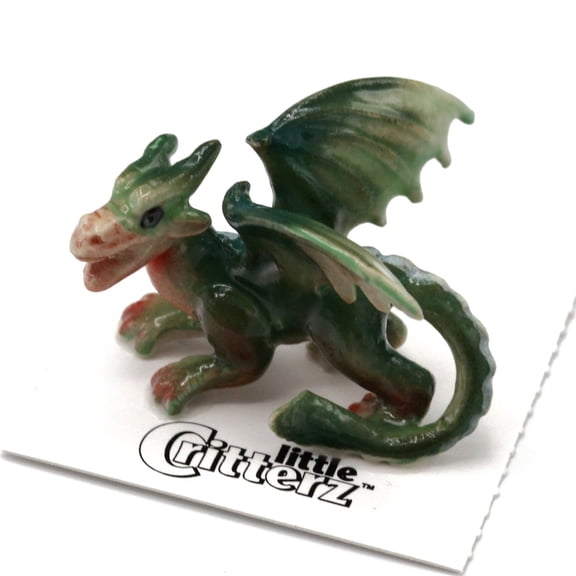 Little Critterz Green Western Dragon "Draco" - Hand-painted Home Decor Bird Decorative Figurine - Miniature Porcelain Figurine